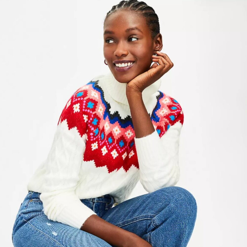 LOFT Fair Isle Turtleneck Cable Knit Sweater S
